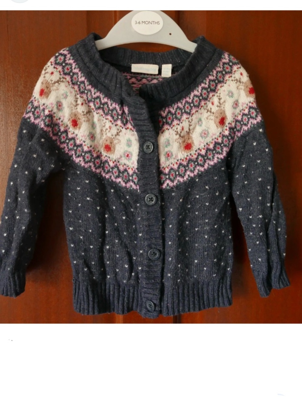 JoJo Maman Bebe Reindeer Fair Isle Knit Cardigan 2-3T wool blend